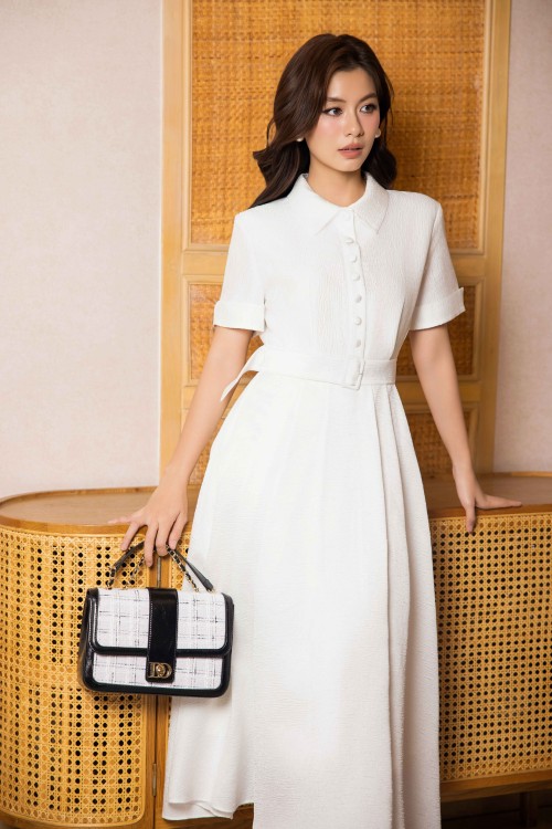 Sixdo White Woven Flared Dress
