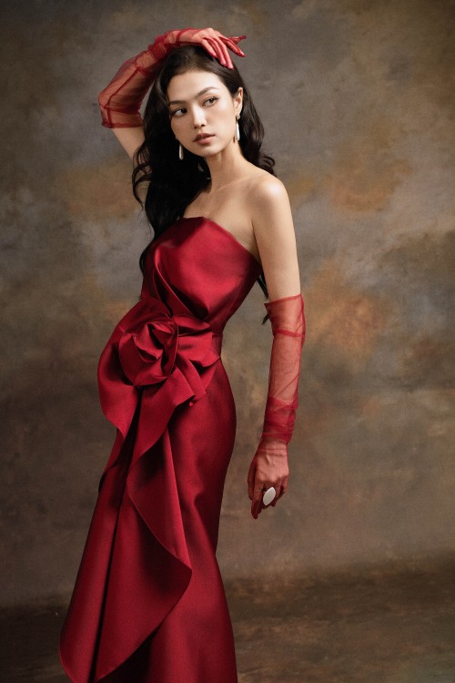 Sixdo Red 3D Flower Taffeta Sleeveless Dress