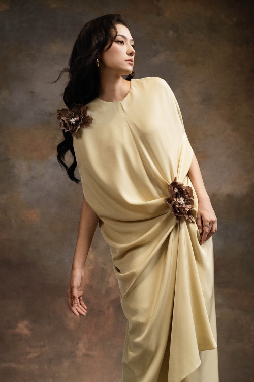 Sixdo Lime Silk Sarong Dress With Flower