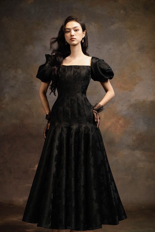 Sixdo Black Brocade Flared Dress