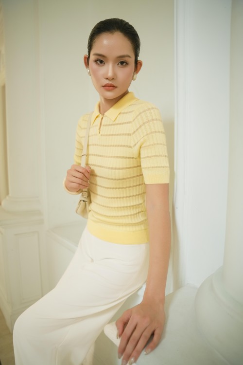 Sixdo Yellow Sheer Stripe Knit Polo