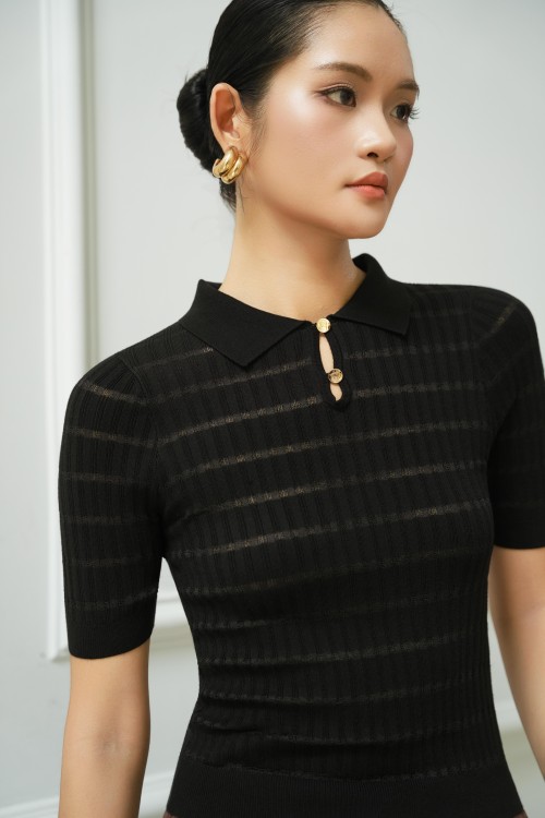Sixdo Black Sheer Stripe Knit Polo