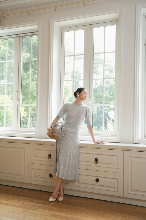 Sixdo Sky Blue Knit Blouse &amp; Skirt