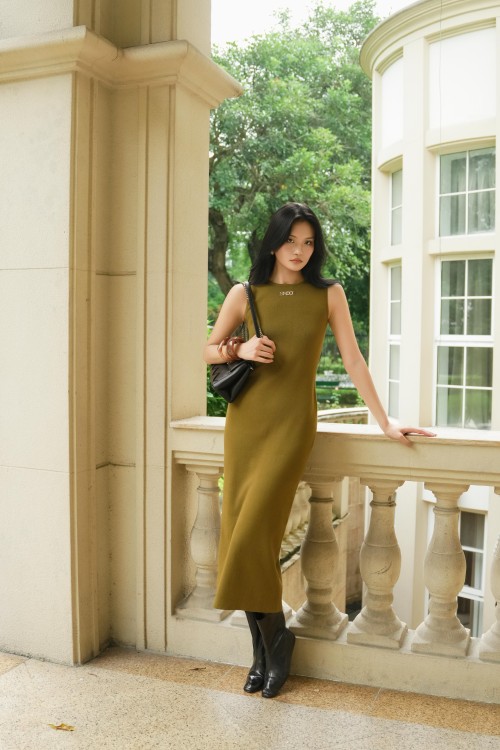 Sixdo Moss Green Knit Loose Dress