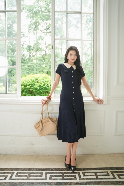 Sixdo Royal Blue Button Knit Flared Dress