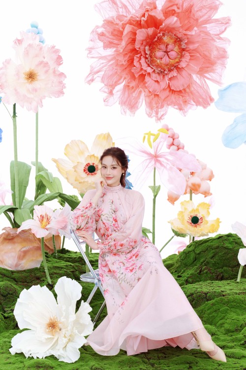 Sixdo Pink Peony Organza Flared Dress