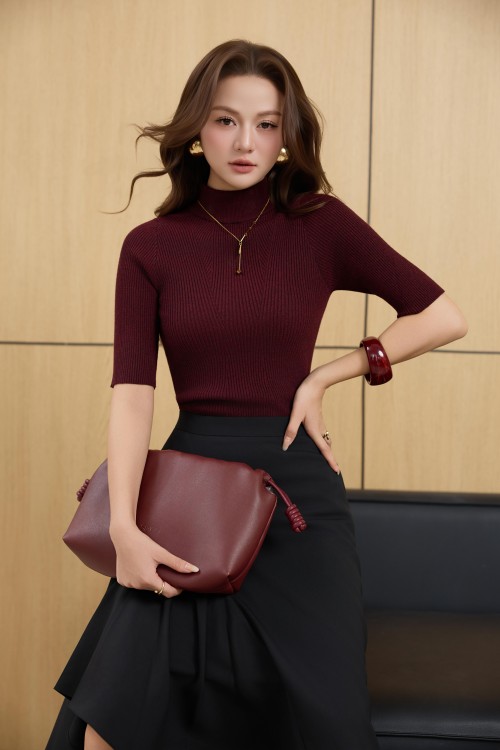 Sixdo Dark Red Ribbed Knit Blouse
