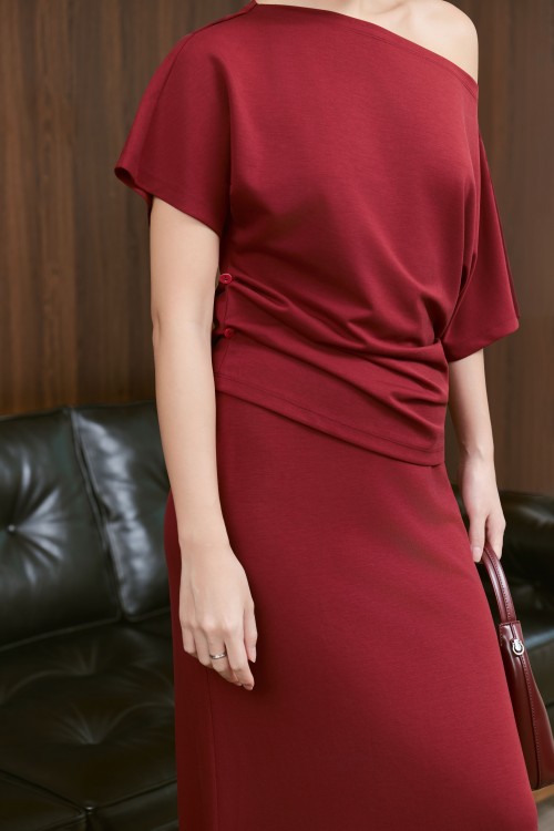 Sixdo Dark Red Knit Blouse &amp; Skirt