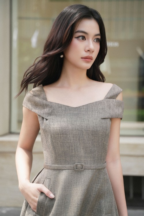Sixdo Olive Gray Woven Flared Dress
