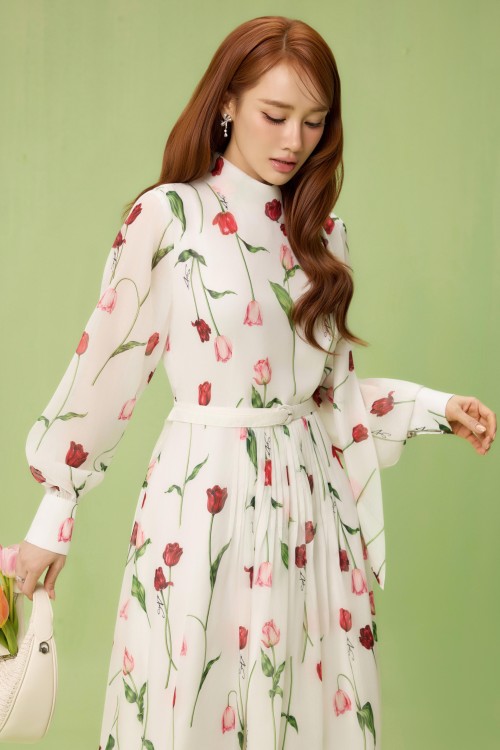 Sixdo White Tulip Organza Flared Dress