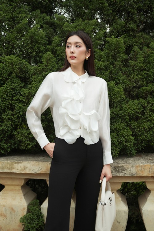 Sixdo White 3D Flower Organza Blouse
