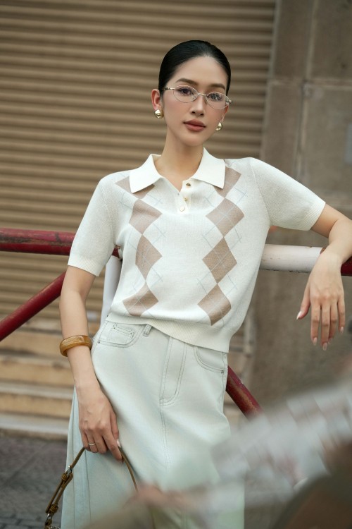 Sixdo White Argyle Knit Polo