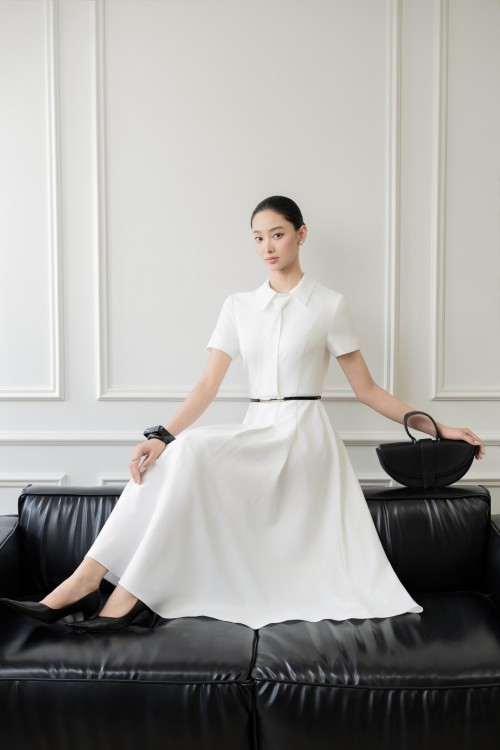 Sixdo White Tuytsi Flared Dress With Belt