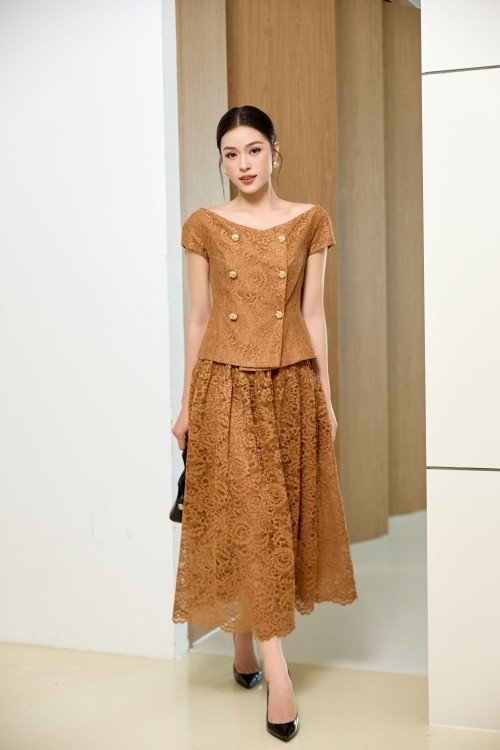 Sixdo Brown Lace Flared Skirt