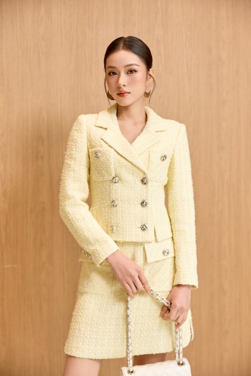 Sixdo Light Yellow Cropped Tweed Vest