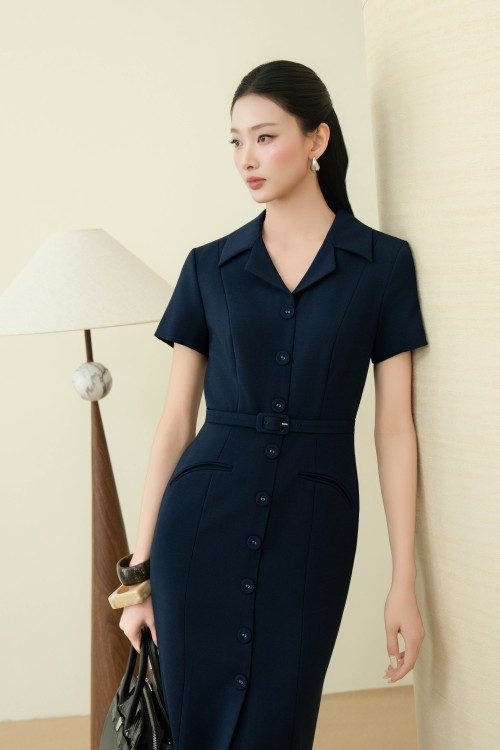 Sixdo Navy Woven Pencil Dress