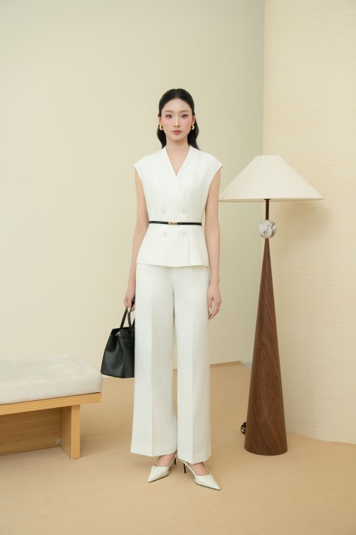 Sixdo White Woven Vest With Belt