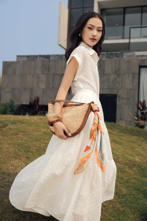 Sixdo White Raw Flared Skirt