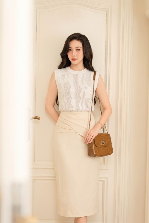 Sixdo Cream Raw Pencil Skirt