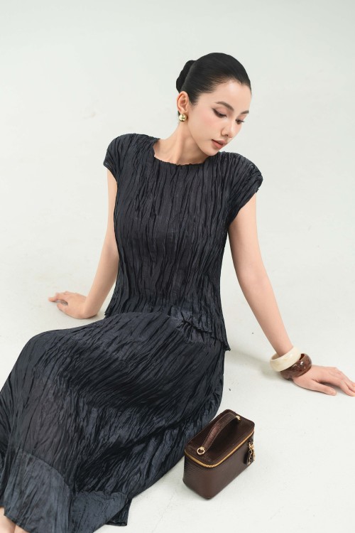 Sixdo Dark Green Pleated Woven Loose Skirt