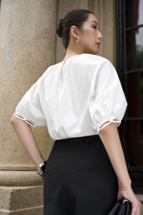 Sixdo White Raw Blouse