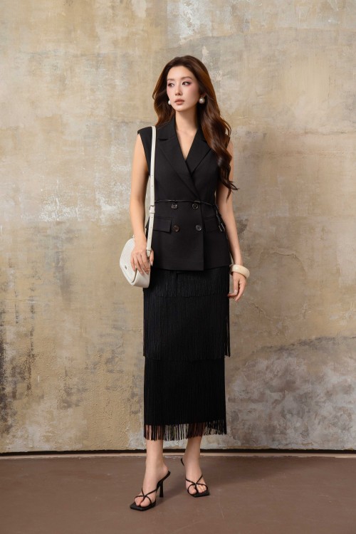 Sixdo Black Woven Loose Skirt