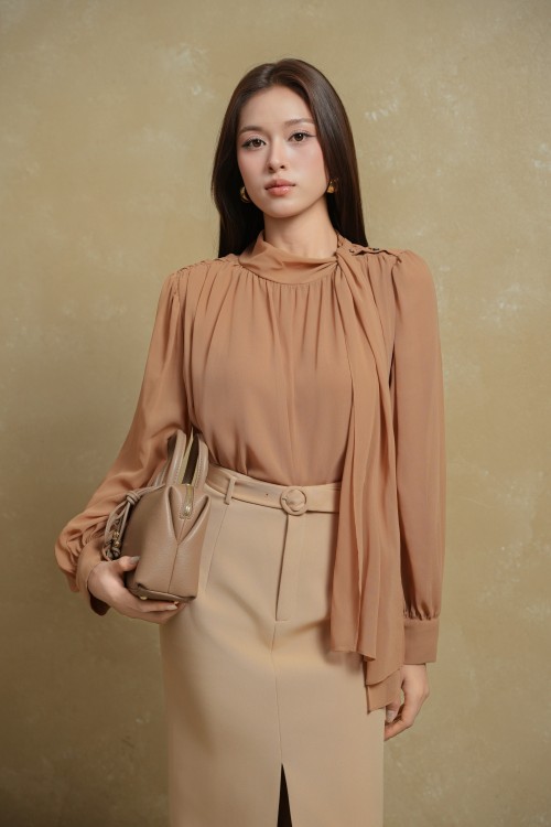 Sixdo Beige Woven Pencil Skirt