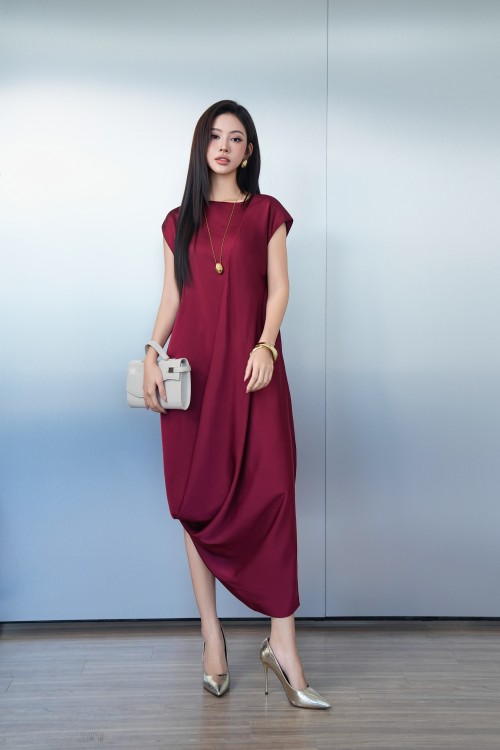 Sixdo Dark Red Silk Loose Dress