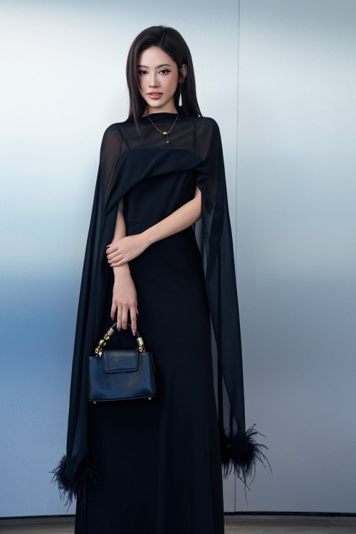 Sixdo Black Feather Woven Flared Dress