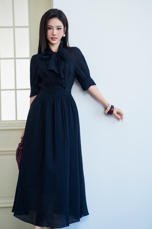 Sixdo Black Organza Flared Dress