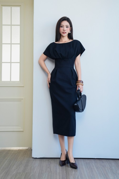 Sixdo Black Short Sleeves Raw Pencil Dress