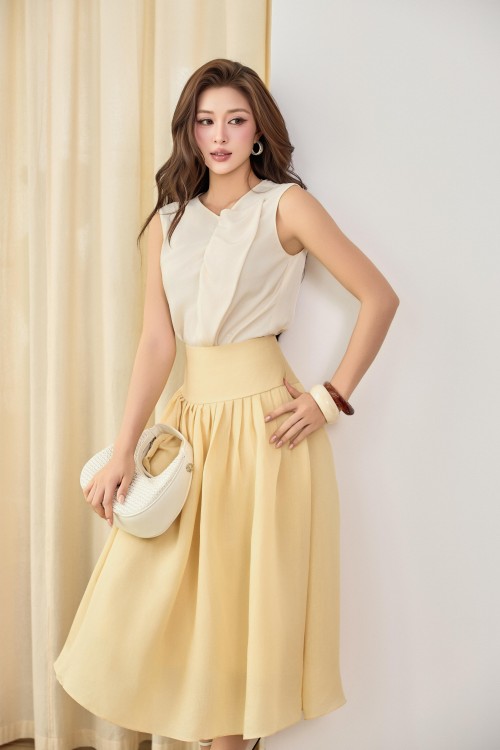 Sixdo Delicate Yellow Organza Flared Skirt