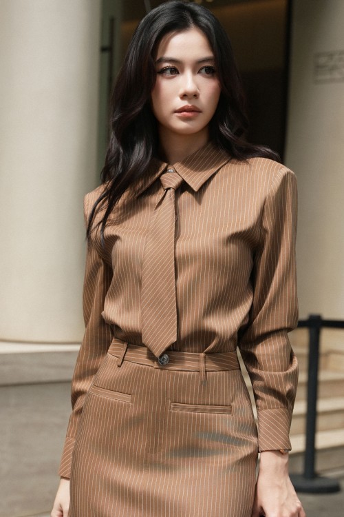 Sixdo Brown Woven Shirt With Tie