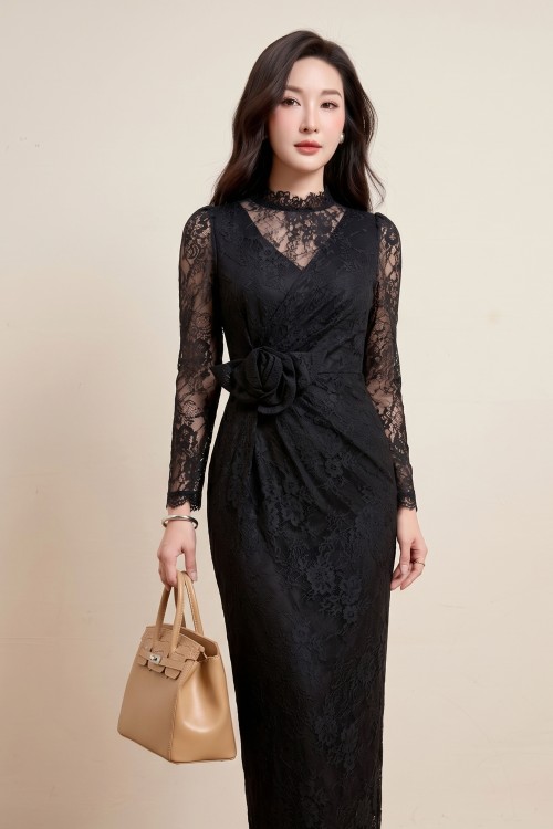 Sixdo Black Lace Pencil Dress With Flower