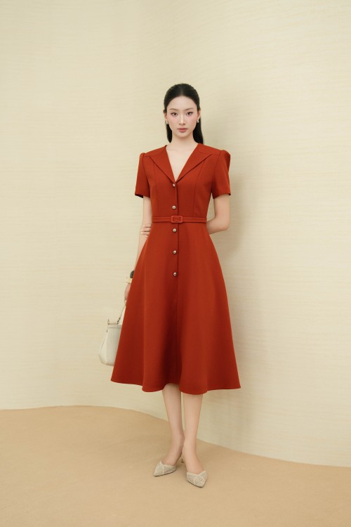 Sixdo Dark Ochre Woven Flared Dress