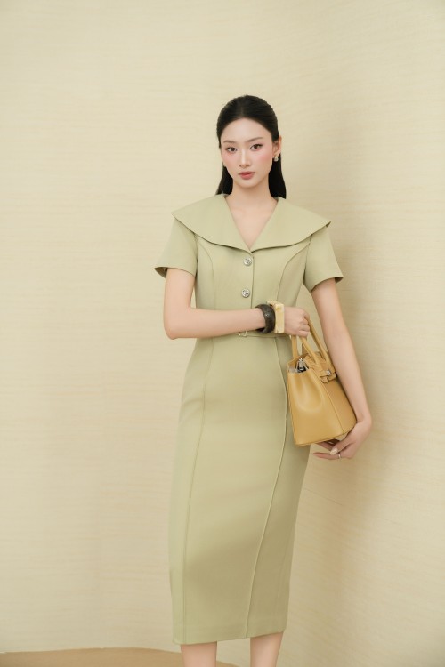 Sixdo Light Olive Green Woven Pencil Dress