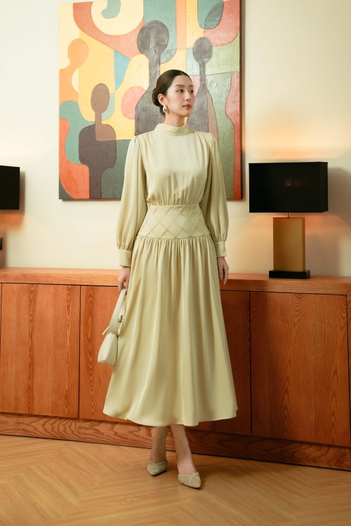 Sixdo Lime Silk Flared Dress