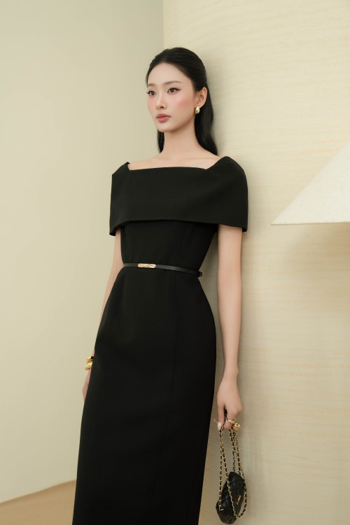 Sixdo Black Woven Pencil Dress With Belt