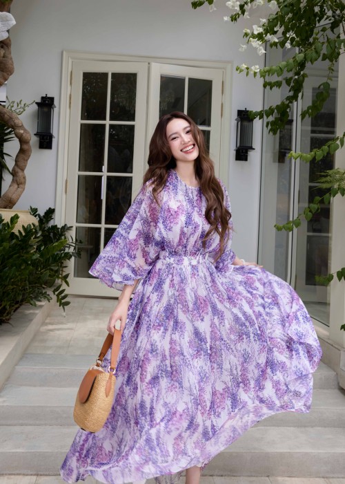 Sixdo White Lavender Organza Flared Dress