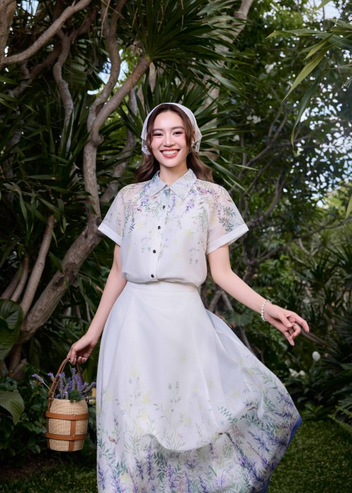 Sixdo White Lavender Organza Flared Skirt
