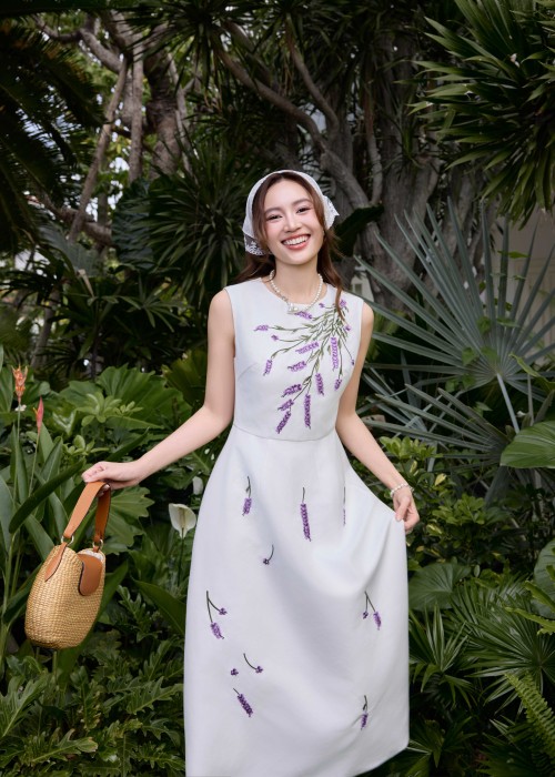 Sixdo White Lavender Taffeta Flared Dress