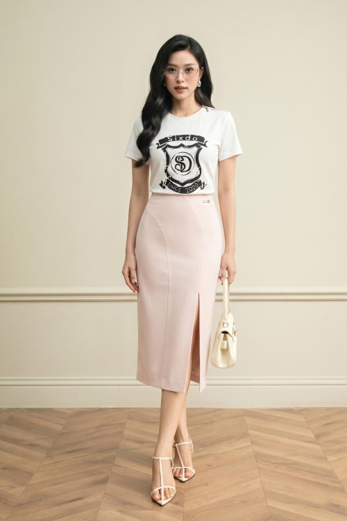 Light Pink Woven Pencil Skirt