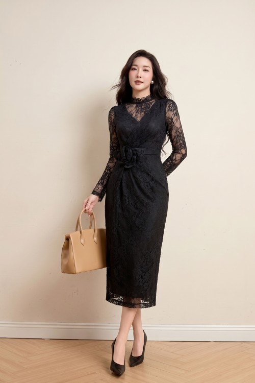 Black Lace Pencil Dress With Flower
