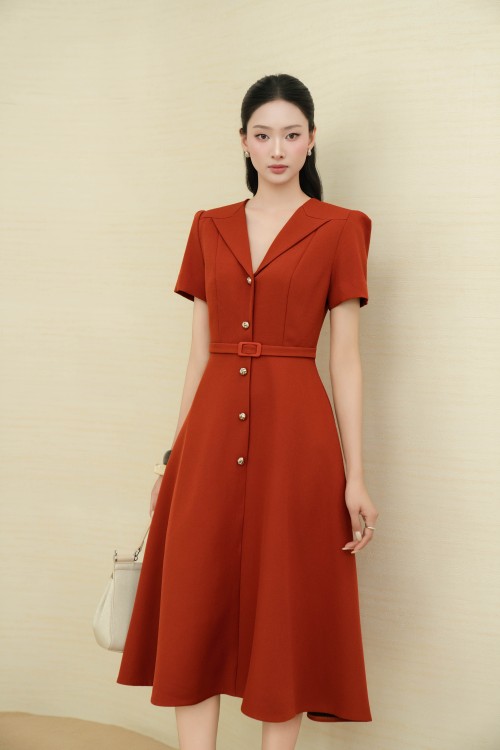 Dark Ochre Woven Flared Dress