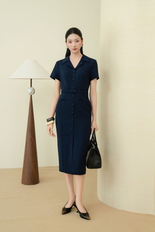Navy Woven Pencil Dress