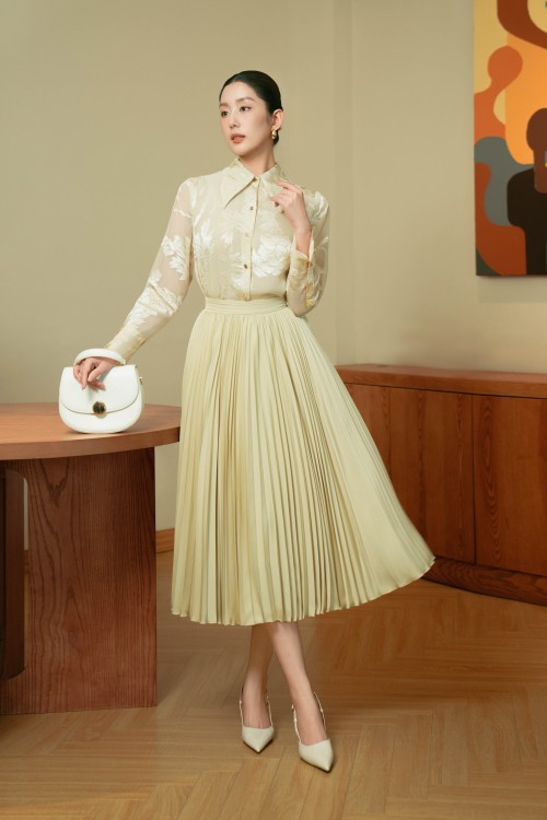 Lime Silk Flared Skirt