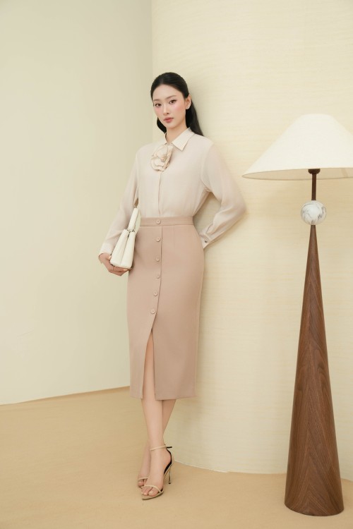 Mauve Woven Pencil Skirt