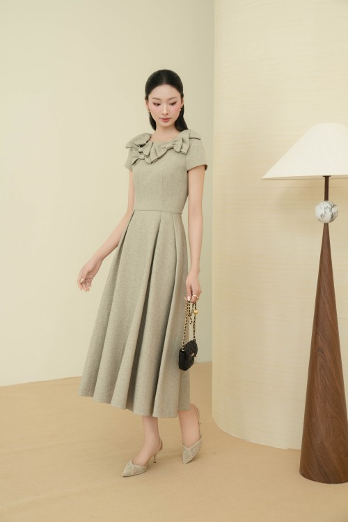 Beige Gray Bowtie Woven Flared Dress
