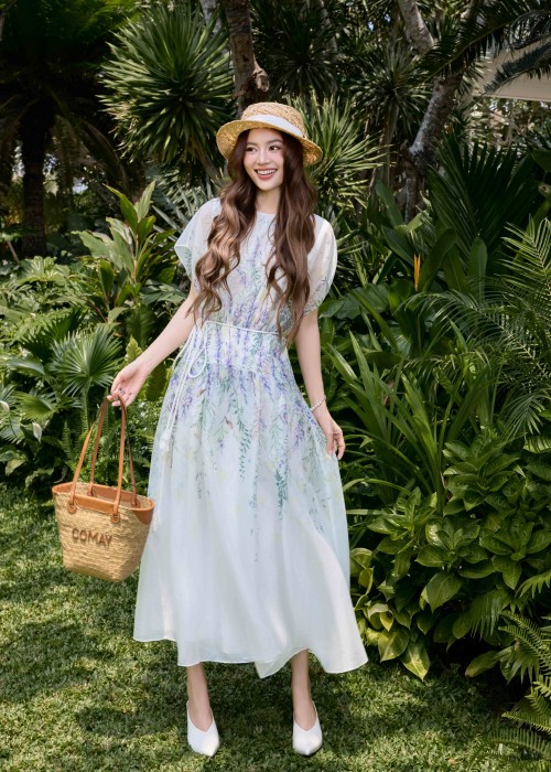 White Lavender Organza Flared Dress