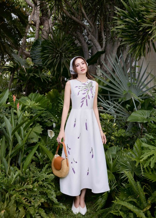 White Lavender Taffeta Flared Dress